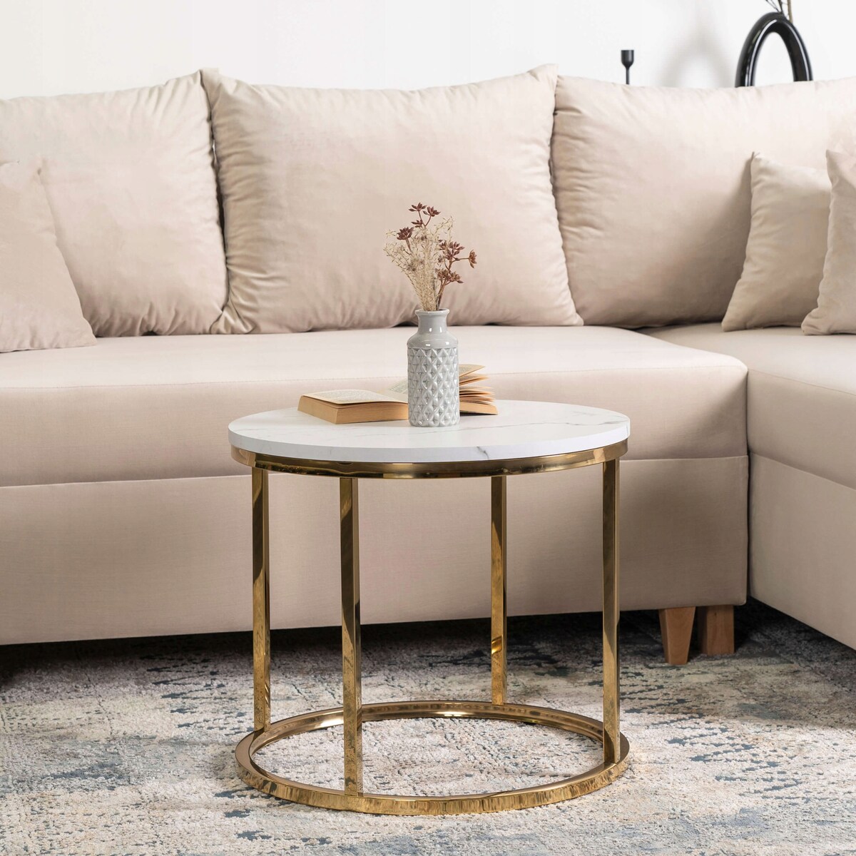 Stolik Kawowy Okrągły Ława Okrągła CLIFF Biały Marmur Złoty Glamour
