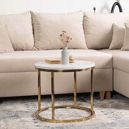 Stolik Kawowy Okrągły Ława Okrągła CLIFF Biały Marmur Złoty Glamour