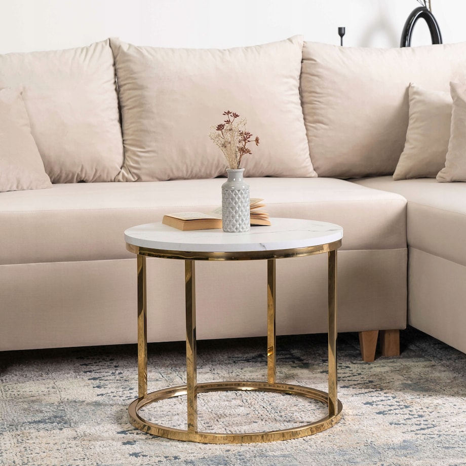 Stolik Kawowy Okrągły Ława Okrągła CLIFF Biały Marmur Złoty Glamour