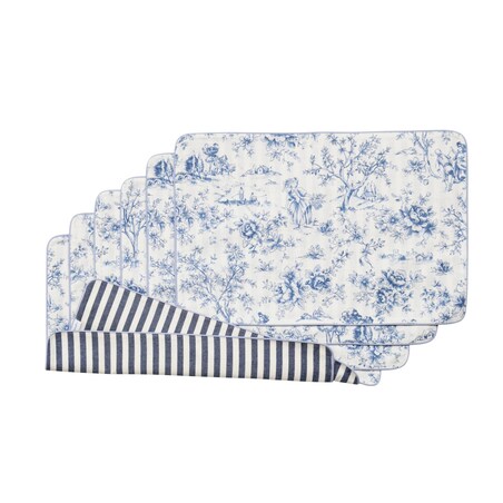 Dwustronne podkładki w stylu francuskim Toile de Jouy Blue & Stripes – komplet 6 szt.