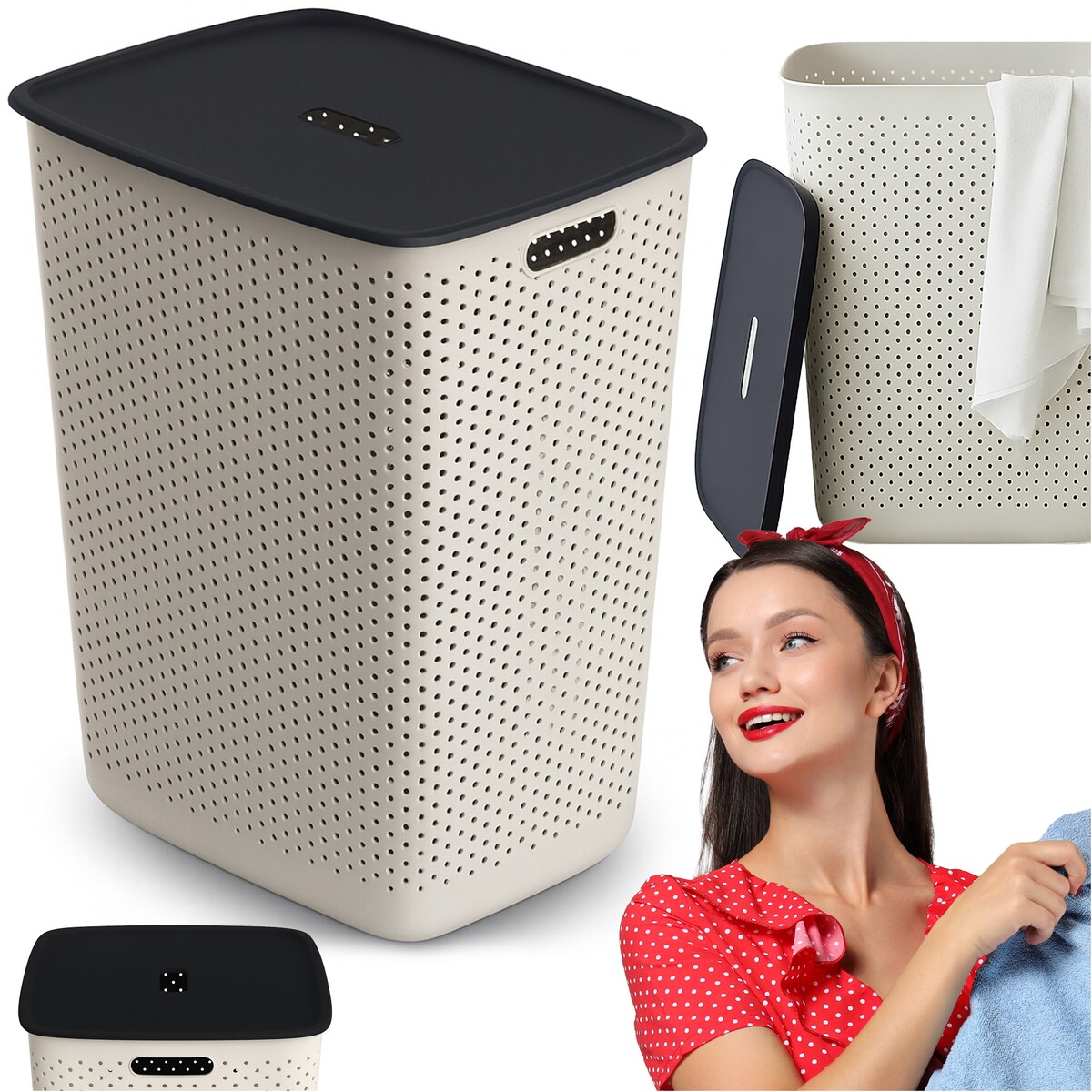 Kosz Na Pranie Bieliznę Wolnostojący Łazienkowy 60 L Duży Biały