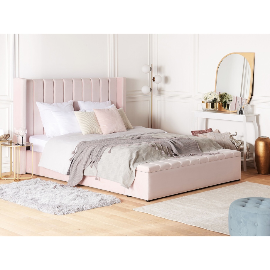 Łóżko welurowe z ławką 180 x 200 cm pastelowy róż NOYERS