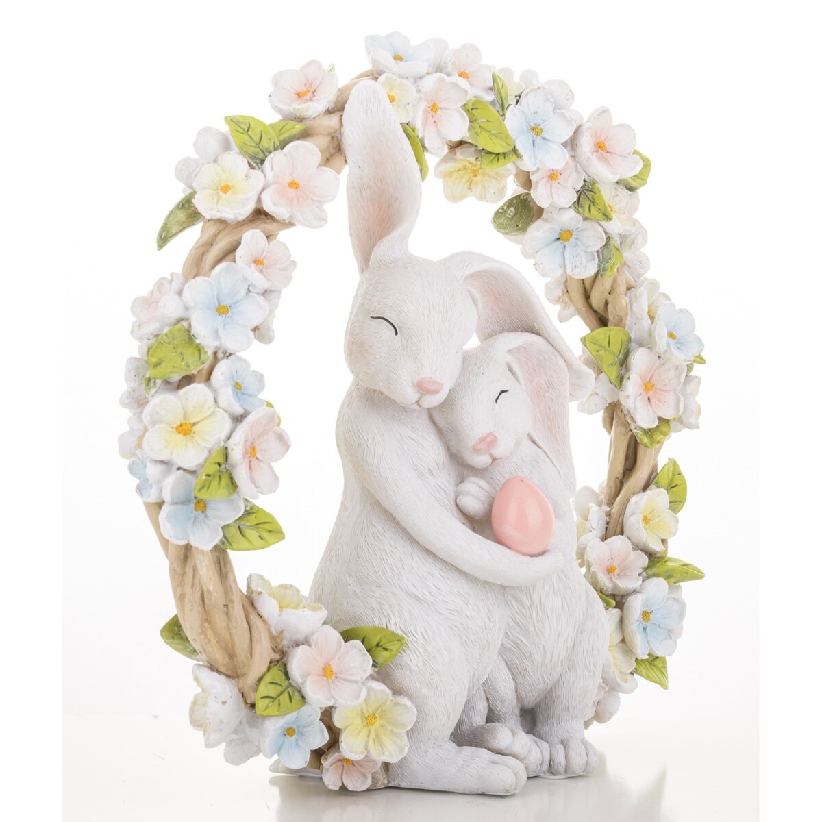 Dekoracja - figurka 2 białe przytulone ZAJĄCZKI w wiosennym wianku