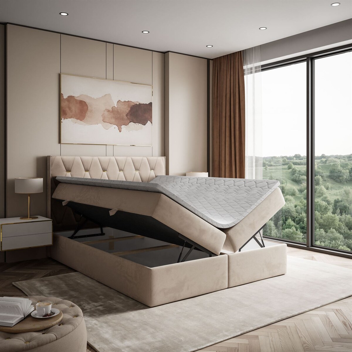 Łóżko kontynentalne IZOLDA z pojemnikiem na pościel, 160x200, RV 170, topper