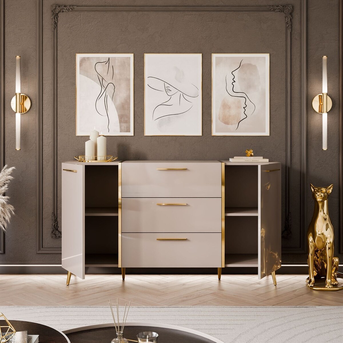 Komoda ONYX kaszmir połysk na nózkach 158 cm uchwyty