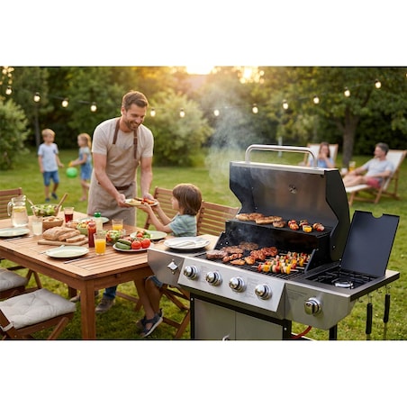 Grill gazowy ogrodowy Berdsen BD-896 żeliwny ruszt z pokrywą mocny 4+1 palniki termometr