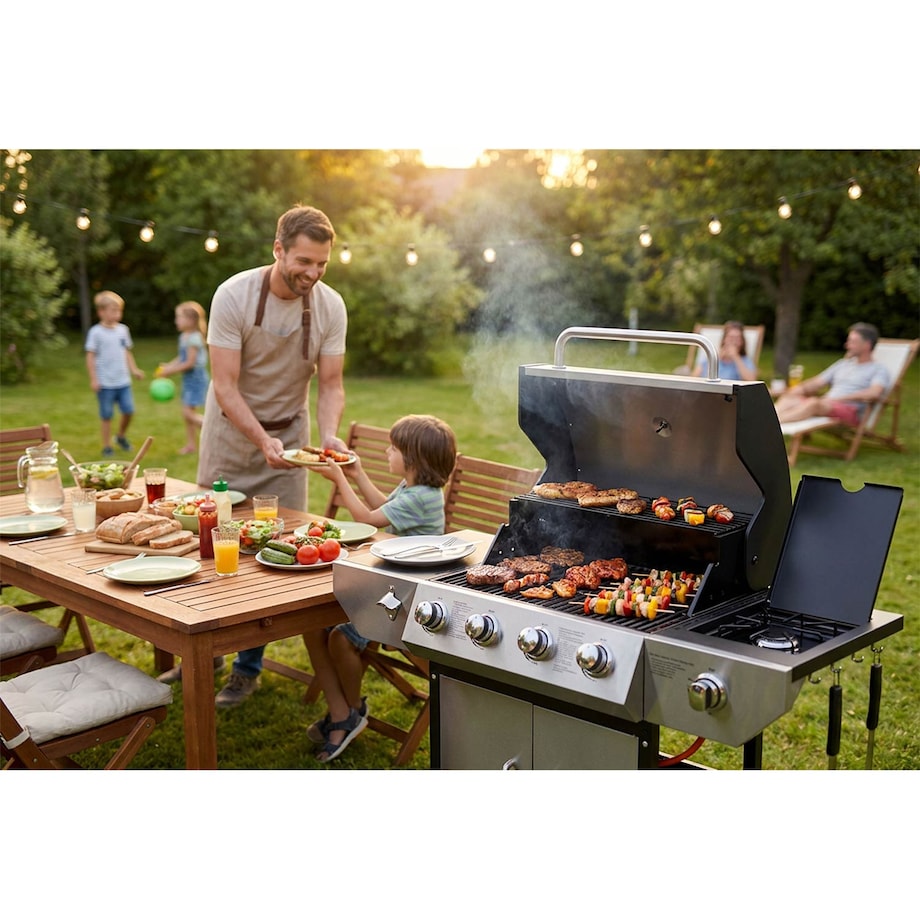 Grill gazowy ogrodowy Berdsen BD-896 żeliwny ruszt z pokrywą mocny 4+1 palniki termometr