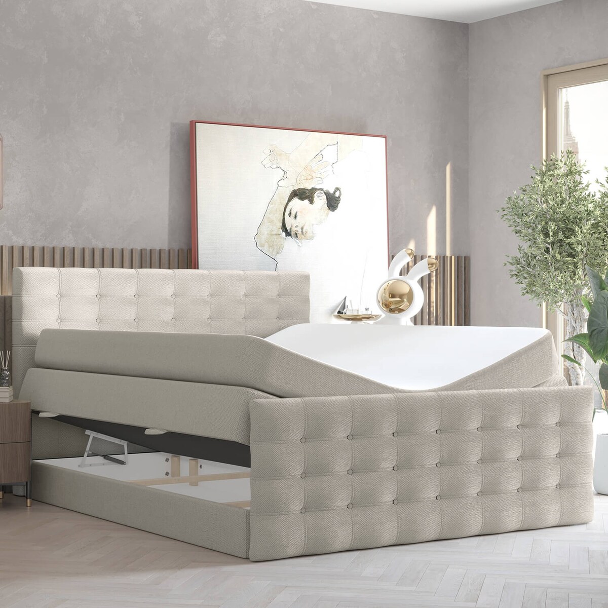 Łóżko kontynentalne STATE 200x200 z pojemnikiem, Jasny Beż, tkanina Megan 353