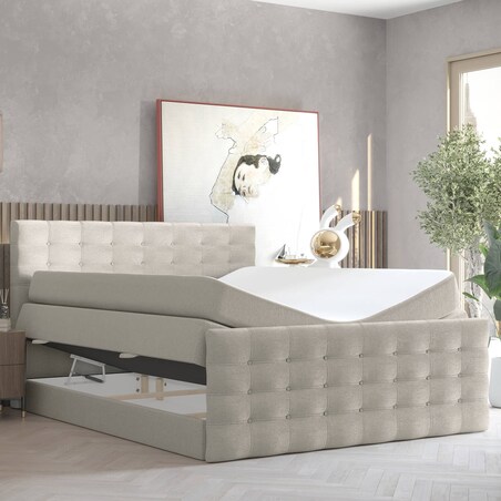 Łóżko kontynentalne STATE 200x200 z pojemnikiem, Jasny Beż, tkanina Megan 353
