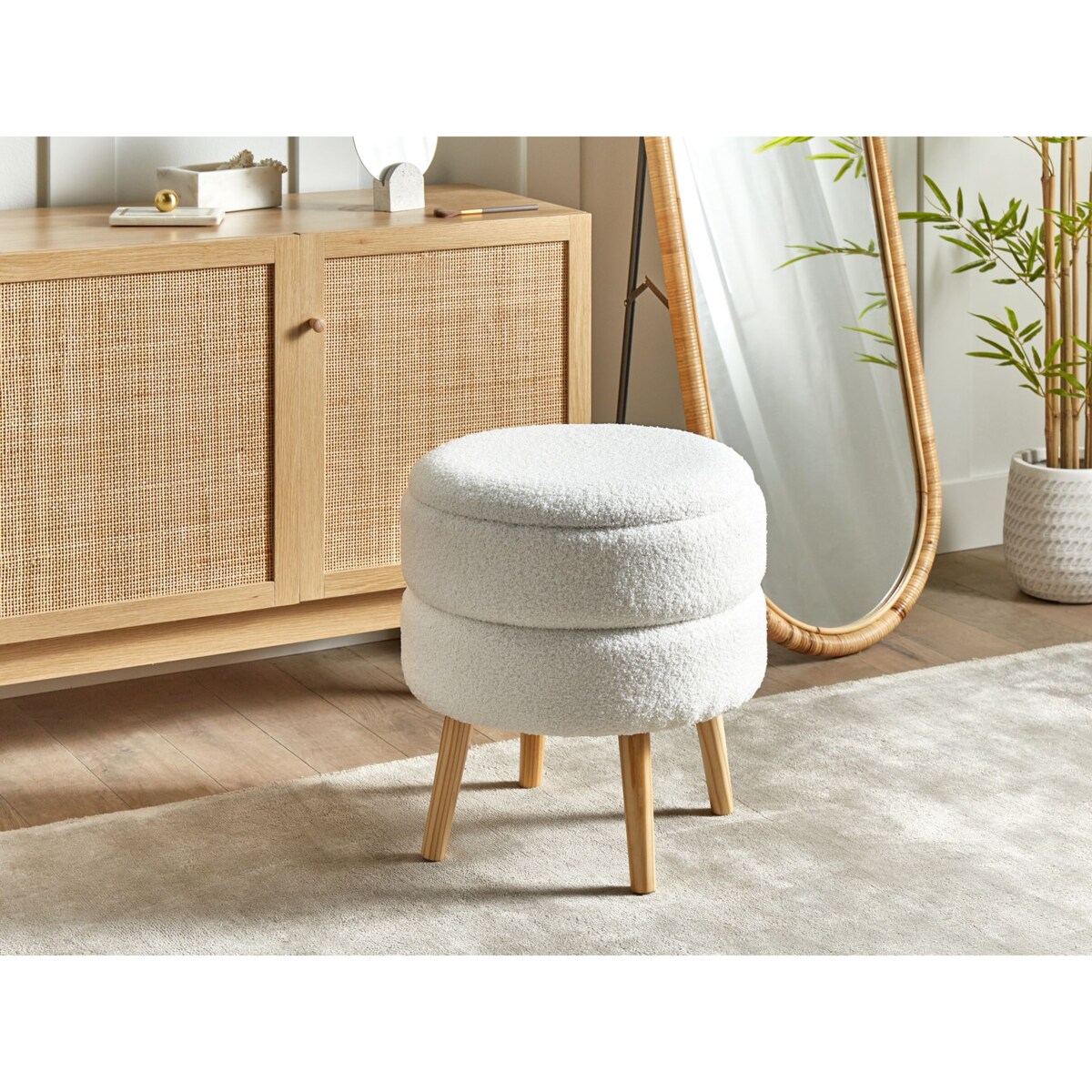 Stołek ze schowkiem boucle biały OKATON