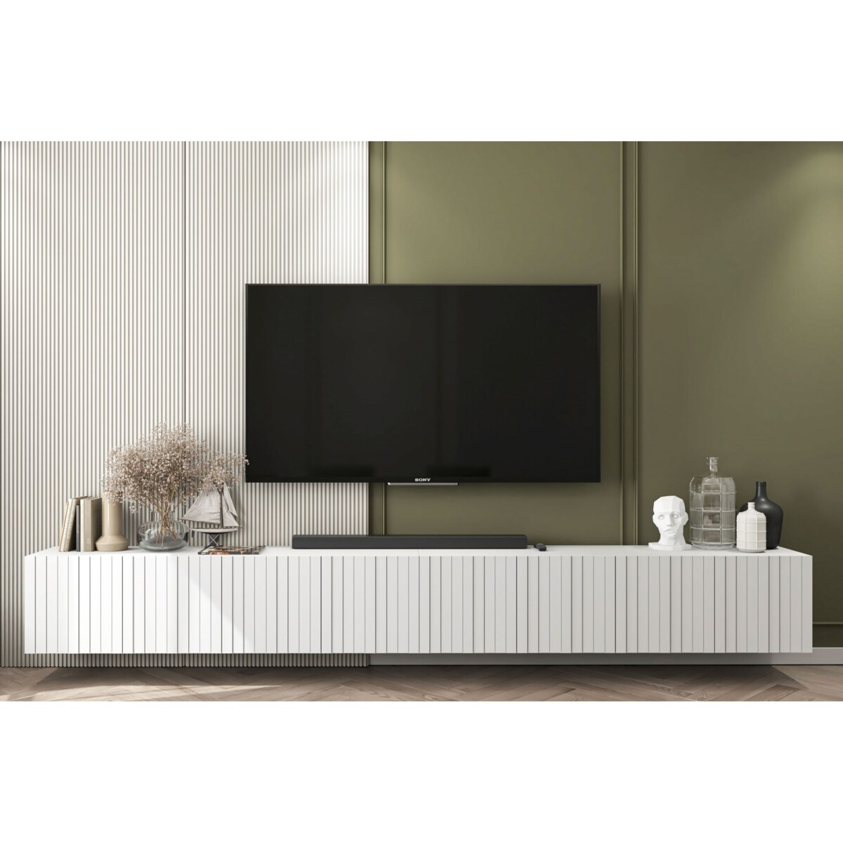 Wisząca Szafka RTV Glamour Nowoczesna Komoda RTV Biały MAT 300 cm