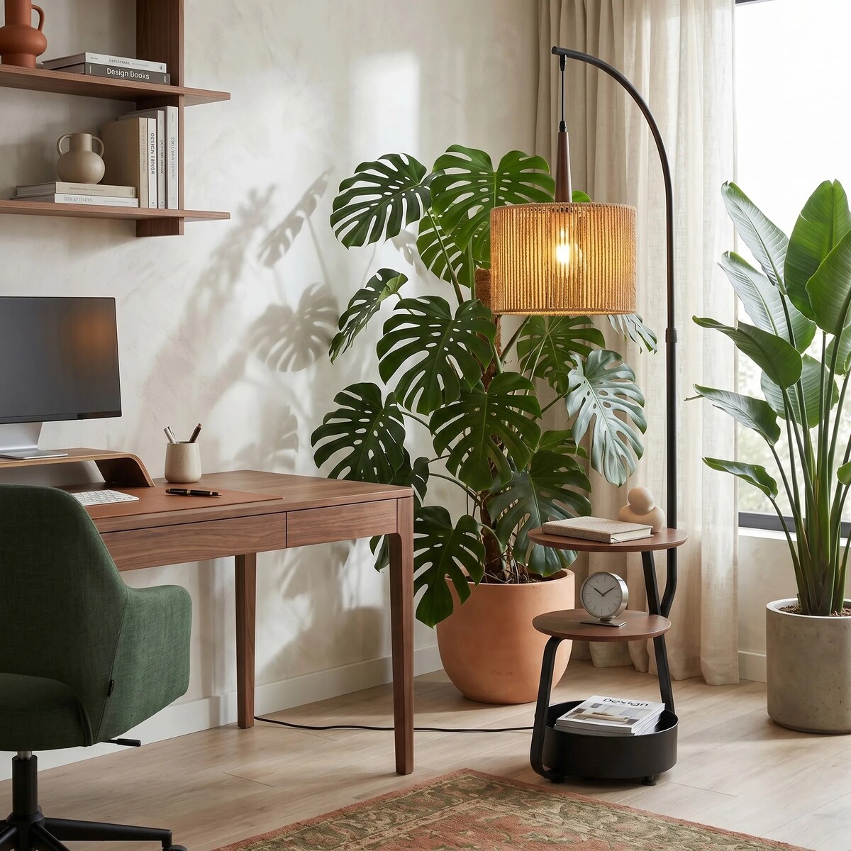 Lampa Podłogowa G156-1F Nature Czarny, Złoty, Metal, Drewno, Sznurek Jutowy