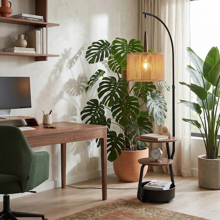 Lampa Podłogowa G156-1F Nature Czarny, Złoty, Metal, Drewno, Sznurek Jutowy