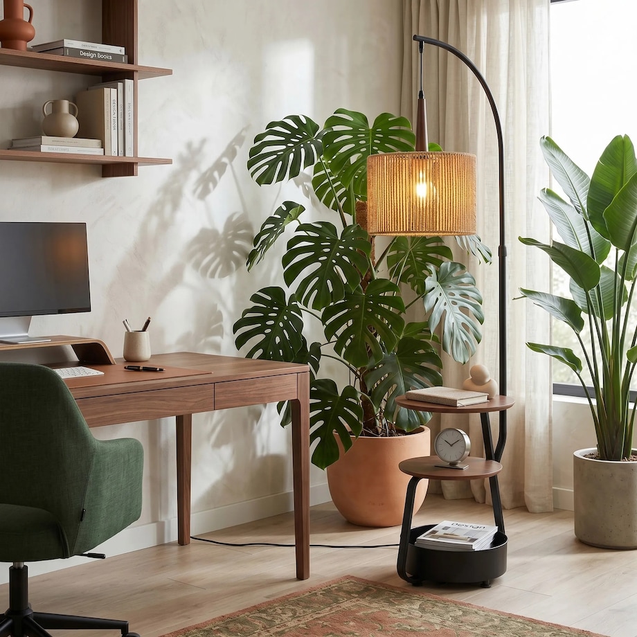 Lampa Podłogowa G156-1F Nature Czarny, Złoty, Metal, Drewno, Sznurek Jutowy
