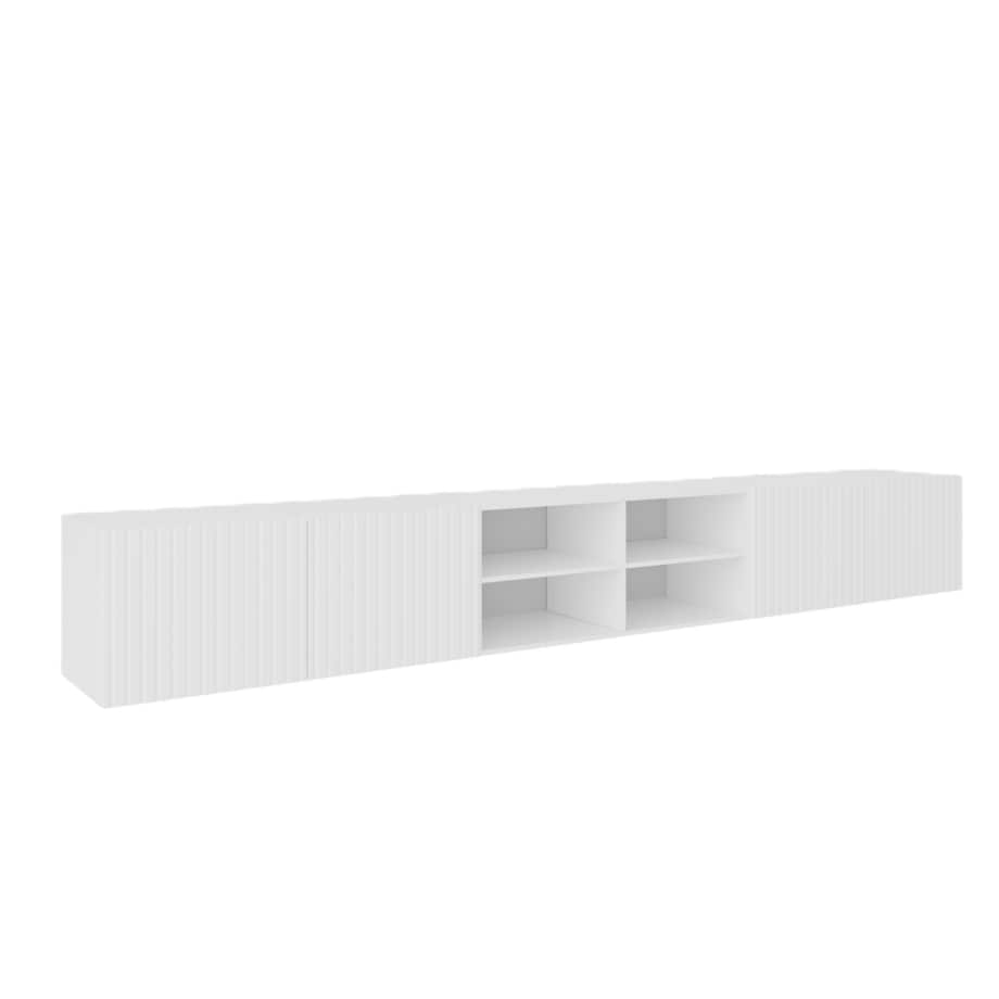 Szafka RTV RIO 300 cm otwarta z półkami do salonu, ryflowana- biała