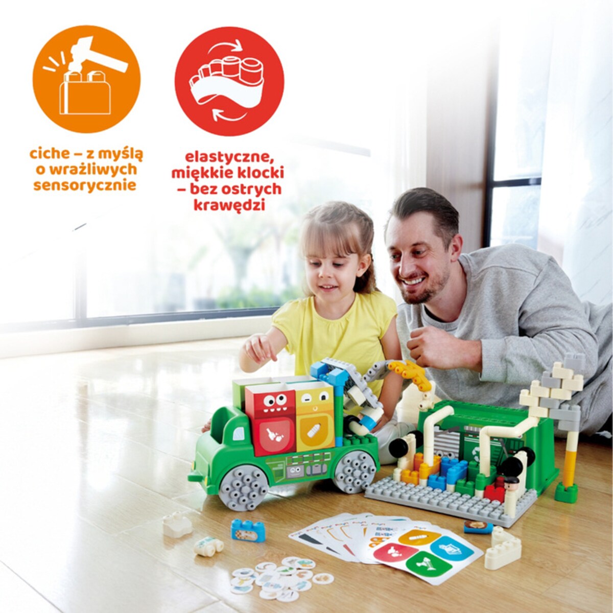 Miękkie Klocki Konstrukcyjne w Aucie Śmieciarka 100 el. 18m+ PolyM