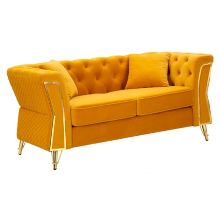 Sofa Emy, kolor musztardowy i złoty, poliester, drewno eukaliptusowe, drewno sosnowe, sklejka i metal, 162 x 83 x 76 cm, do salonu, Mauro Ferretti