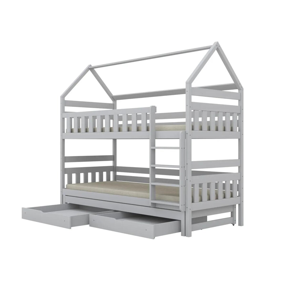 Łóżko piętrowe domek FELIKS 200x90 białe drewniane trzyosobowe z szufladami