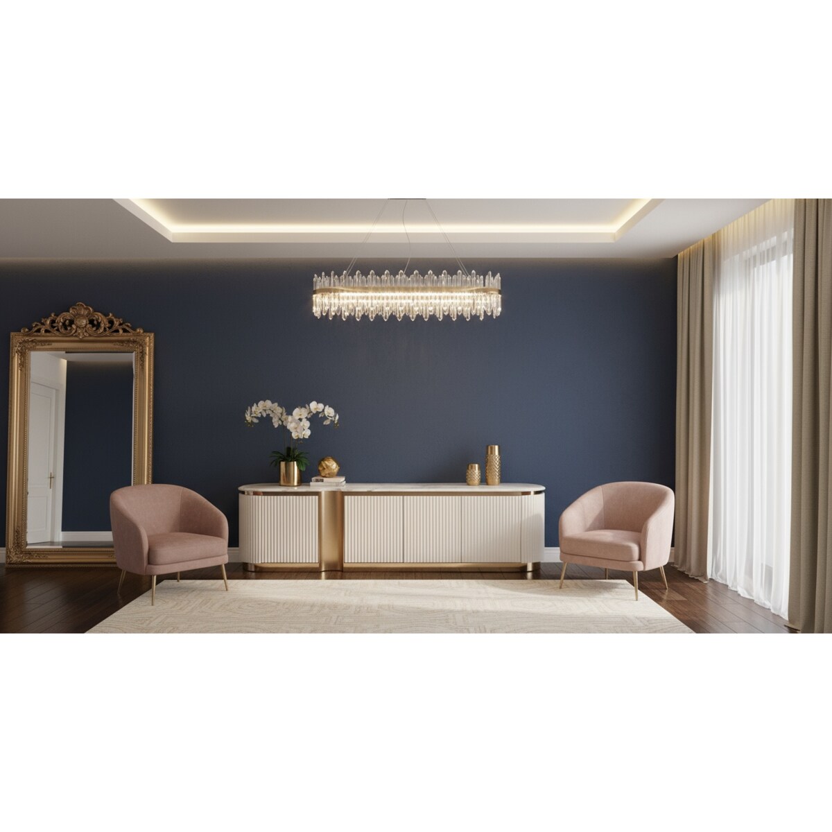 Ryflowana szafka RTV złota biała Nutris Glamour Premium z blatem marmurowym 200x40x50