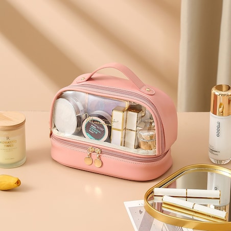 Kosmetyczka organizer na kosmetyki różowa dwupoziomowa 23x13,5x16cm KS115R