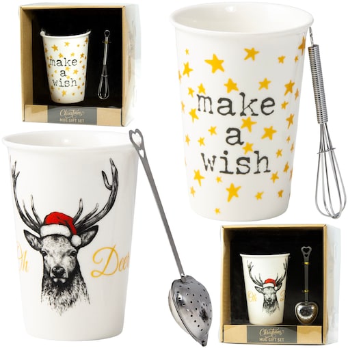 Kubek Świąteczny Porcelanowy Zestaw + Zaparzacz/Mieszadełko 2 szt.