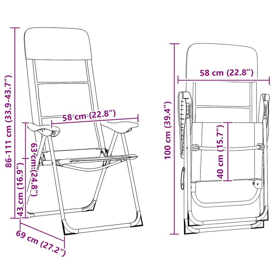 vidaXL Krzesła turystyczne, 2 szt., 58 x 69 x 111 cm, aluminium, szare