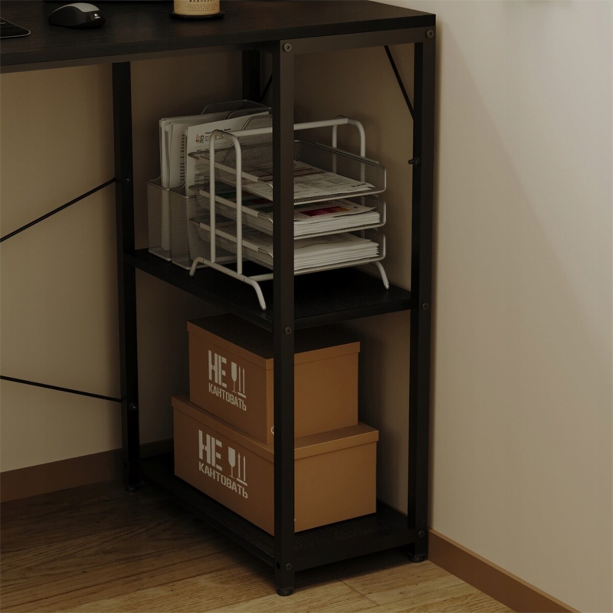 Biurko komputerowe stolik loft czarne solidne z półkami industrialne 120