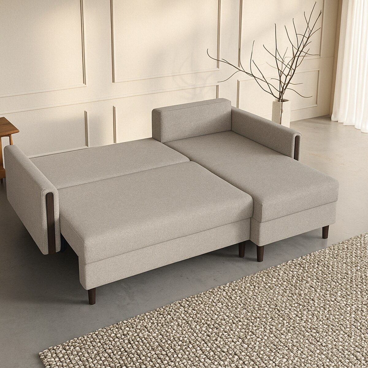 Wygodny narożnik GALOS - beżowy-drewno wenge -prawostronny