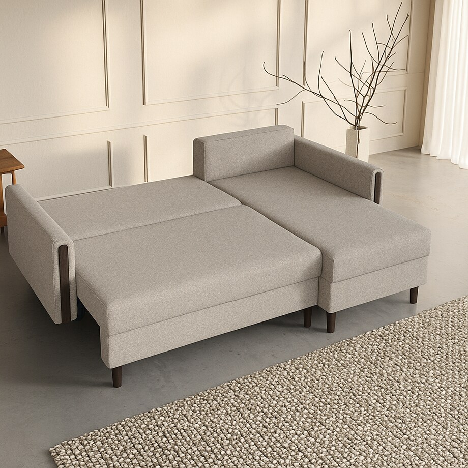 Wygodny narożnik GALOS - beżowy-drewno wenge -prawostronny