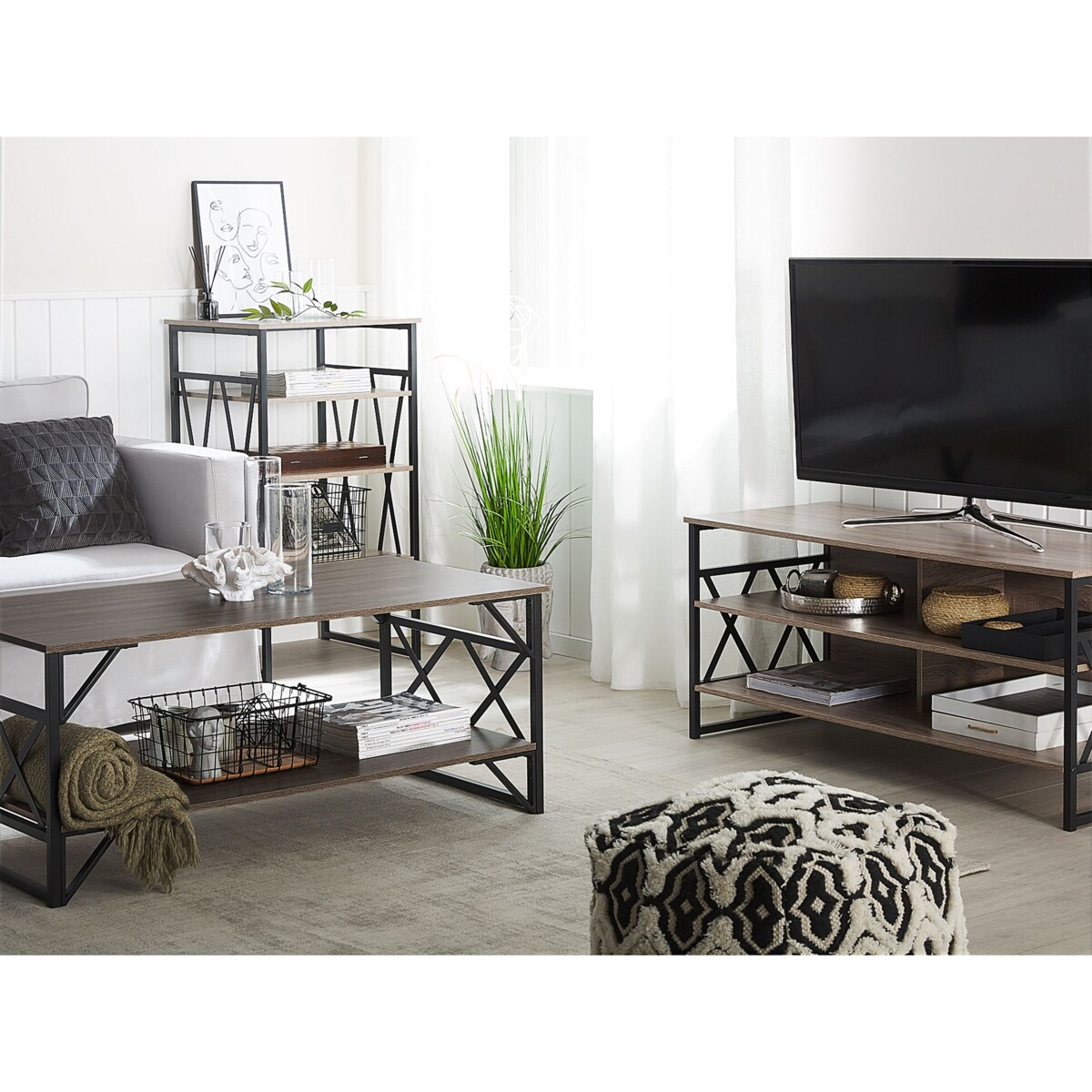 Stolik kawowy brązowoszare drewno z czarnym BOLTON