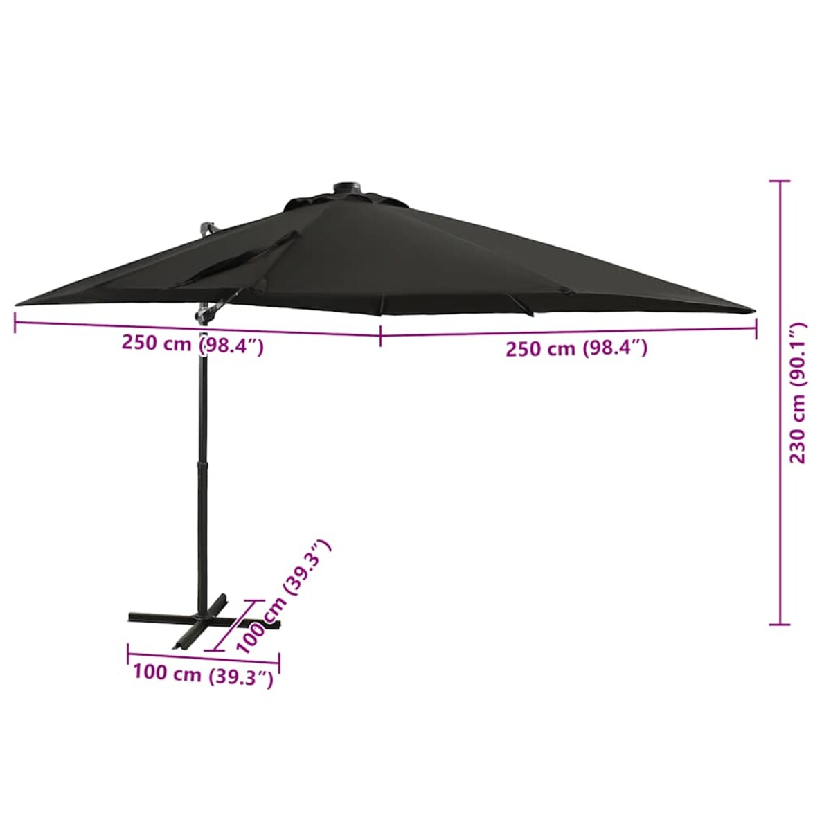 vidaXL Parasol wiszący z lampkami LED i słupkiem, 250 cm, czarny