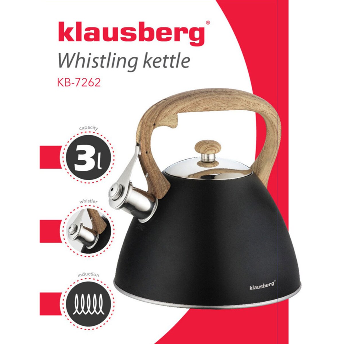 Czajnik stalowy z gwizdkiem lakierowany mat czarny 3.0L KLAUSBERG