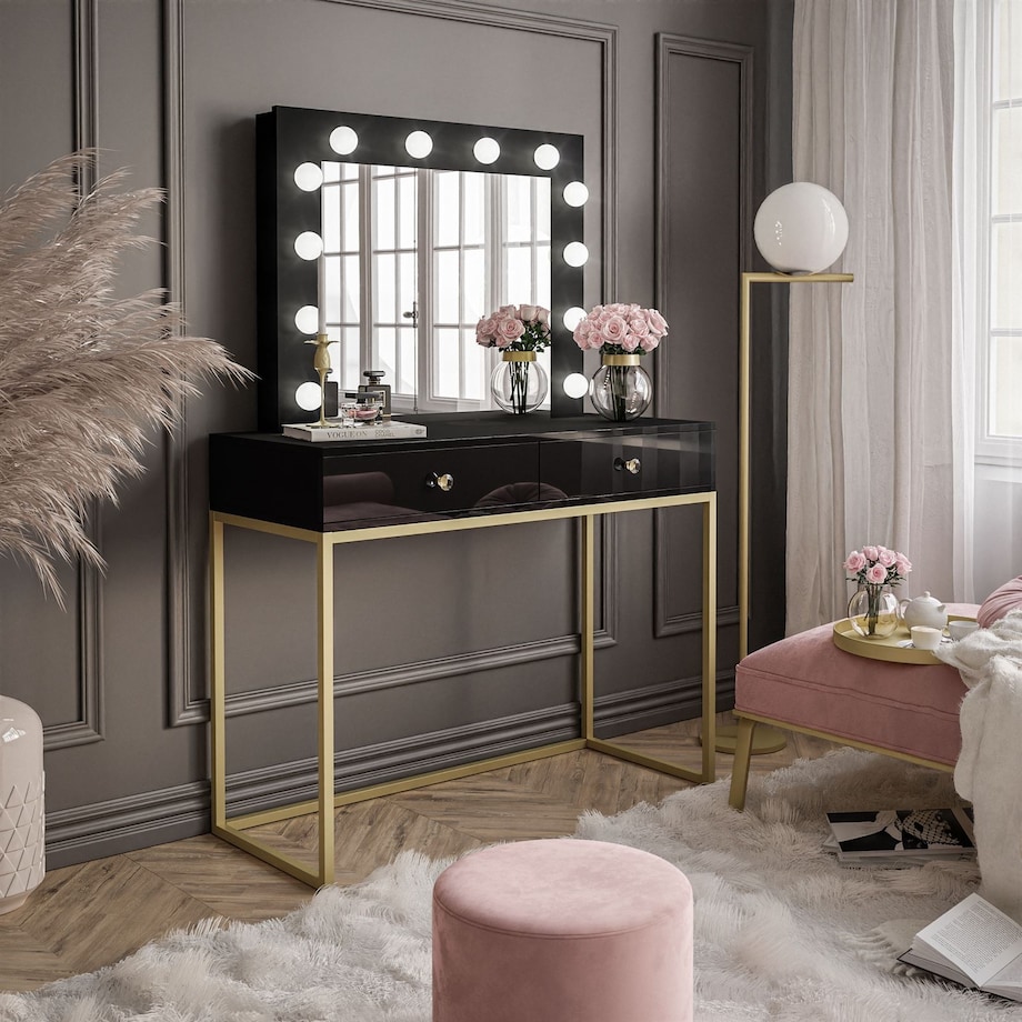 Toaletka BLANCO GOLD z lustrem i 12 LED, czarny połysk ze złotymi akcentami