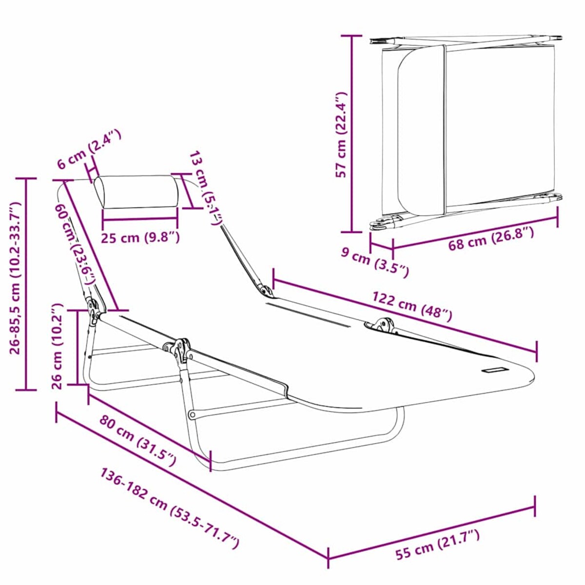 vidaXL Składany leżak 2-osoba 2 pcs Czarny 182 x 55 x 85.5cm Textilene
