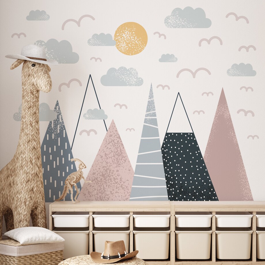 NAKLEJKI NA ŚCIANĘ DLA DZIECI RÓŻOWE GÓRY PTAKI SŁOŃCE CHMURY ZESTAW