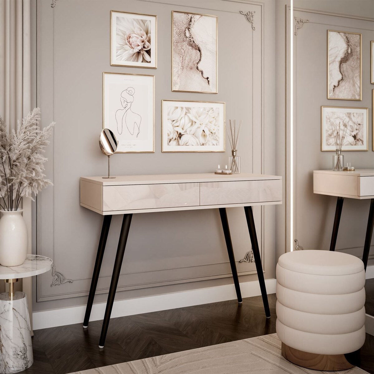 Konsola SIENNA KASZMIR na skośnych, czarnych nóżkach, push-to-open