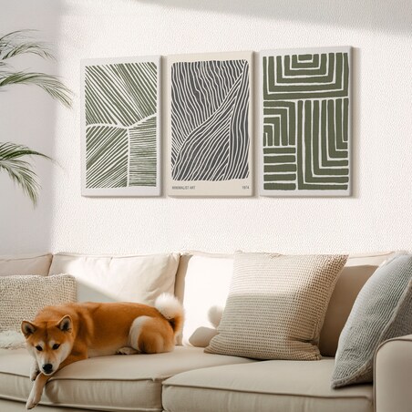 Zestaw 3 dużych obrazów na płótnie - Wzory linii kształty zieleń boho - zielony