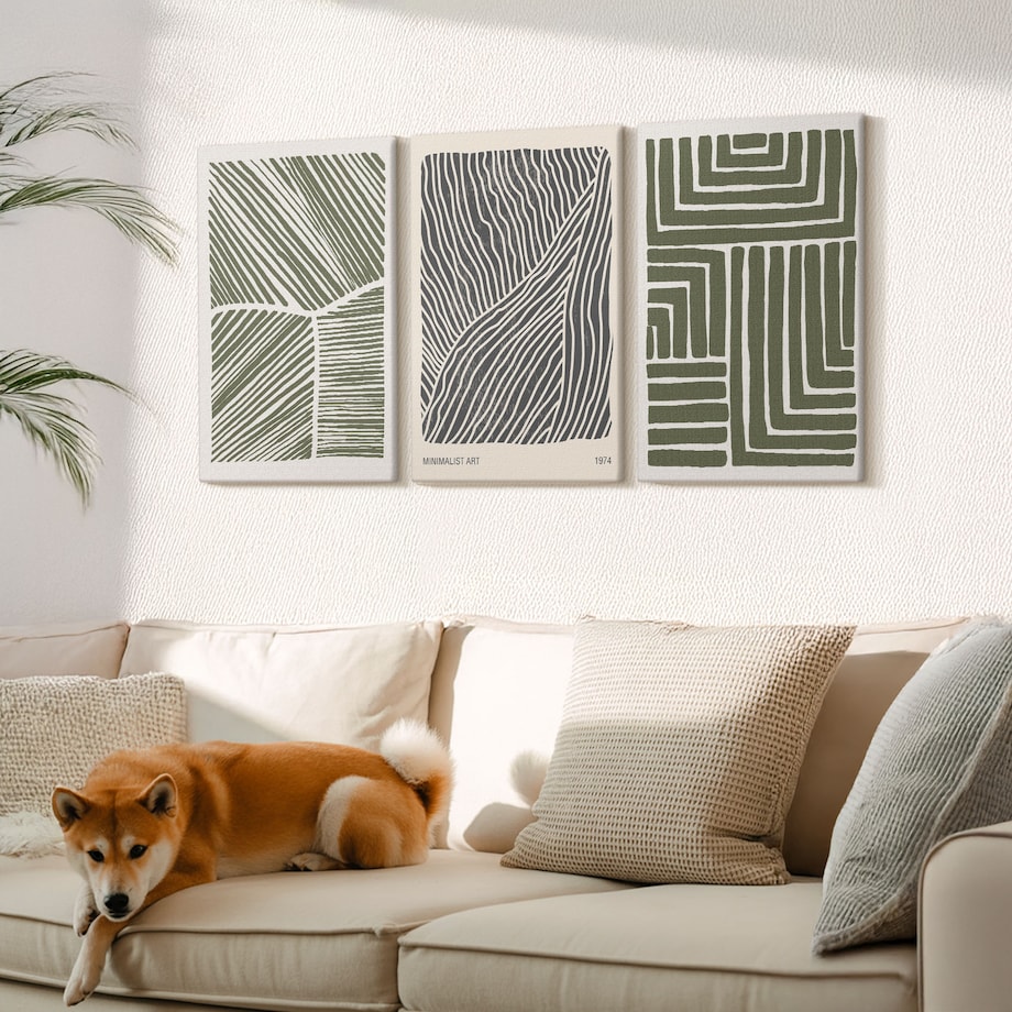 Zestaw 3 dużych obrazów na płótnie - Wzory linii kształty zieleń boho - zielony