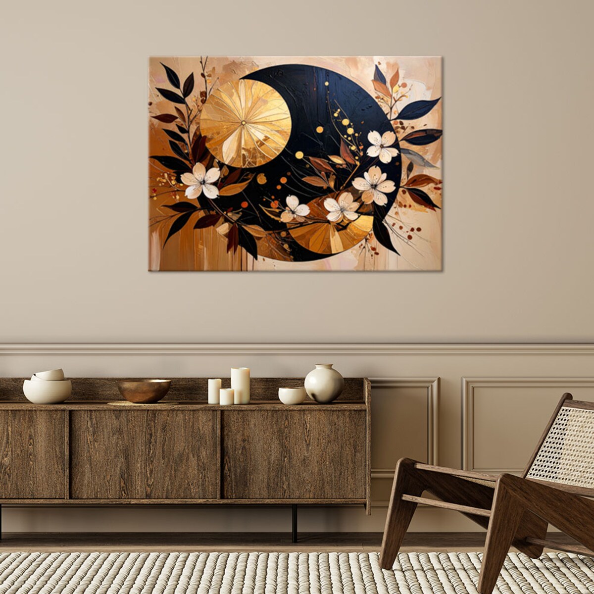 Feeby Obraz nowoczesny, Abstrakcja Koła Liście Kwiaty Złoty Brązowy 120x80