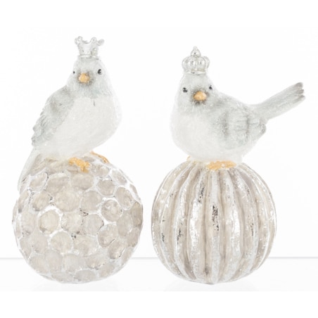 Dekoracja - 2 ptaszki w koronach siedzących na bombkach 16,5x8,5 cm SILVER