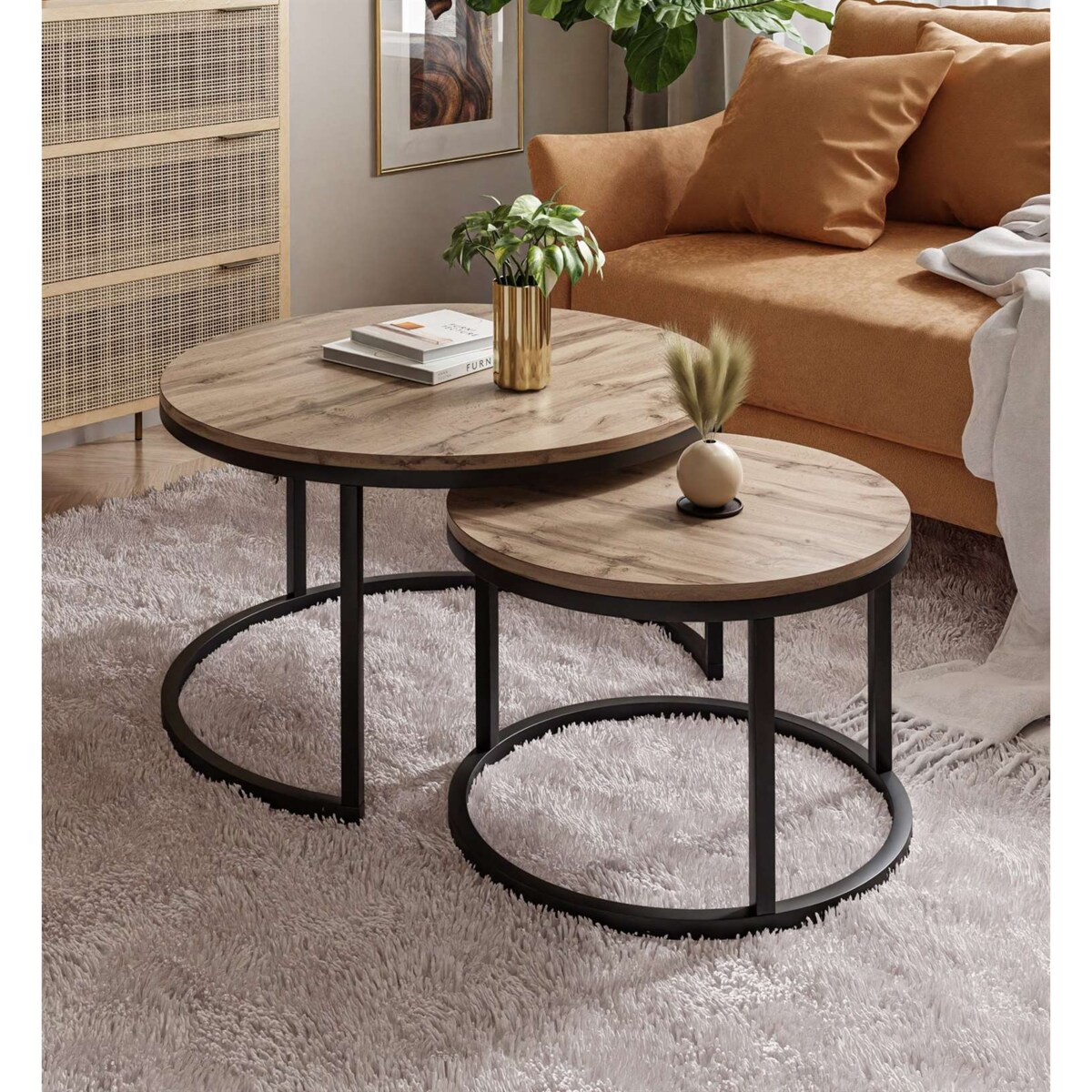 Okrągły stolik kawowy CIRI 2w1 czarny dąb wotan