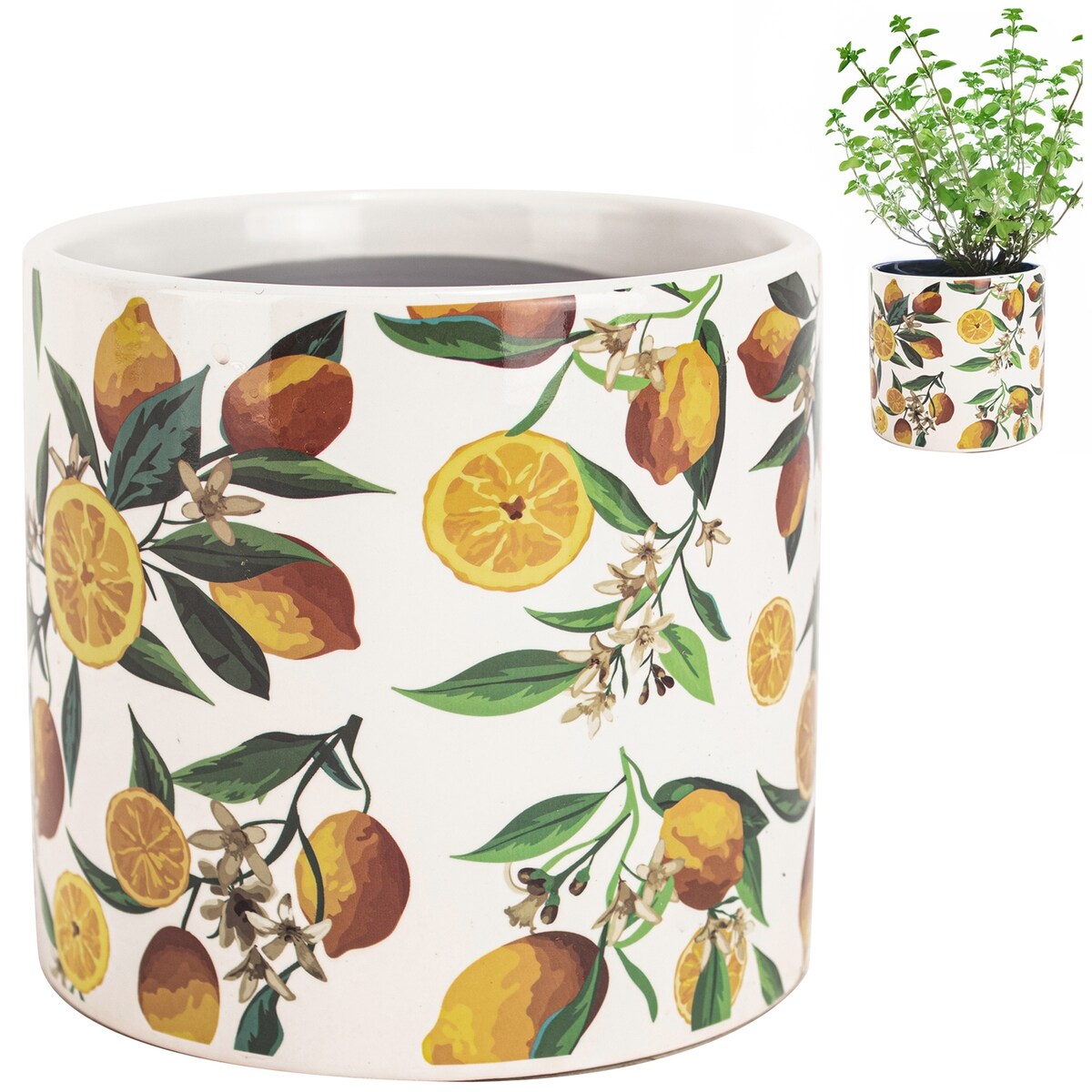 DONICZKA BIAŁA Z CYTRYNAMI CERAMICZNA BIAŁA 14cm do salonu domu doniczka