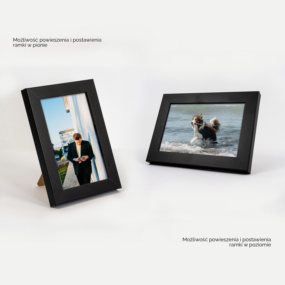 Ramka na zdjęcia 10x15 cm czarna rama MDF z plexi do powieszenia pion poziom stopka klasyczna ramka FRAMAI