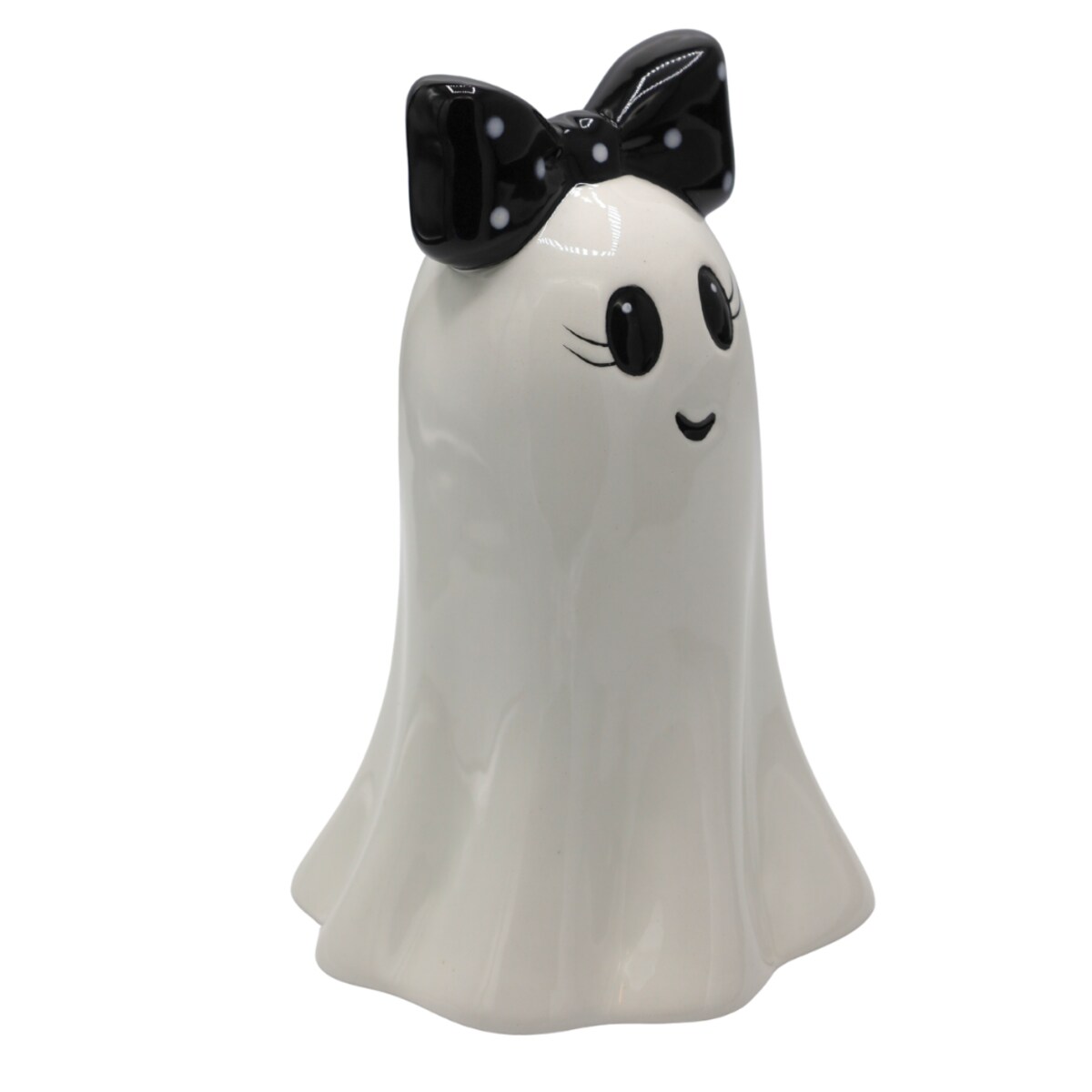 Dekoracja - Figurka pani duch 16,6x11x10,8 cm BOO z czarną kokardą w białe kropki