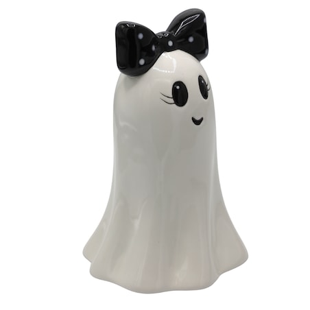 Dekoracja - Figurka pani duch 16,6x11x10,8 cm BOO z czarną kokardą w białe kropki