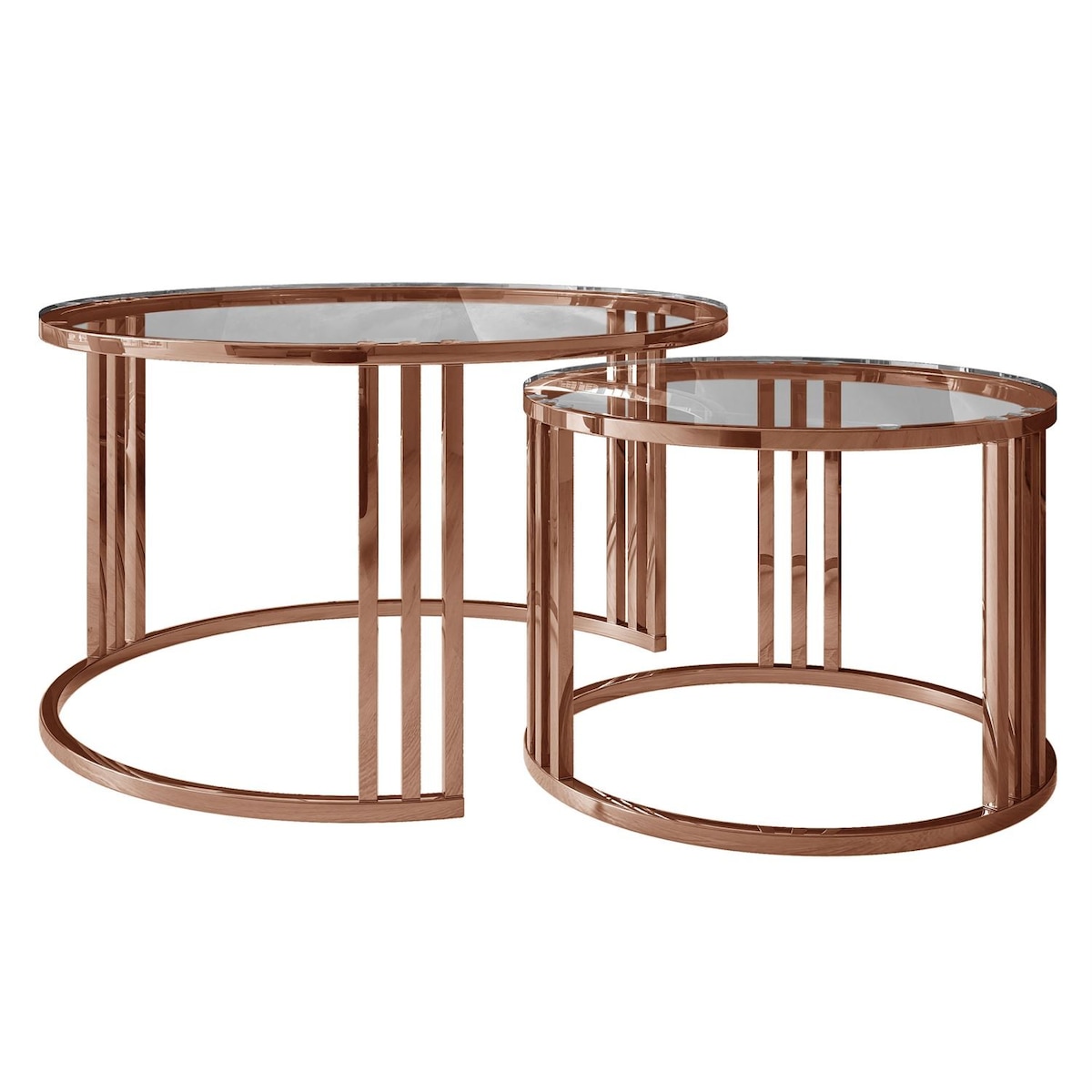 Zestaw stolików kawowych LORI 2w1, miedziana podstawa, przezroczyste szkło