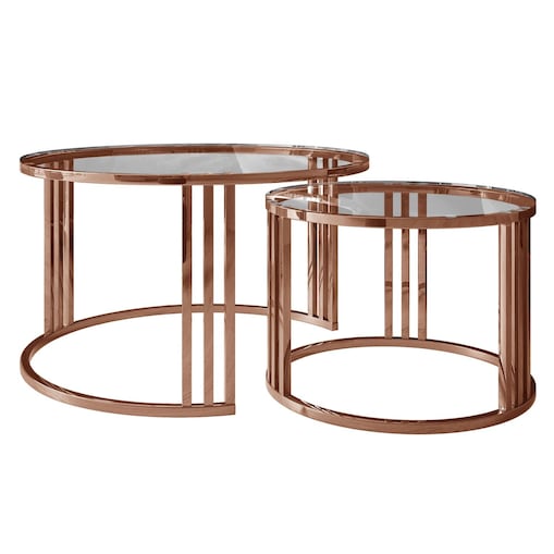 Zestaw stolików kawowych LORI 2w1, miedziana podstawa, przezroczyste szkło