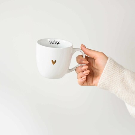 Biały kubek porcelanowy 300 ml „Radość" ze złotym sercem - prezent dla niej, na urodziny, Dzień Kobiet, Dzień Matki