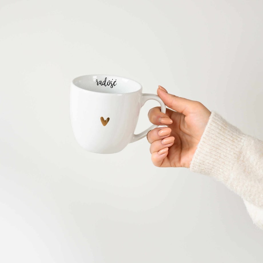 Biały kubek porcelanowy 300 ml „Radość" ze złotym sercem - prezent dla niej, na urodziny, Dzień Kobiet, Dzień Matki
