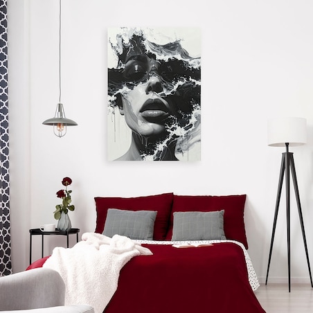 Obraz do salonu sypialni, Portret kobiety czarno biały w stylu artystycznym fale morskie 60x90 cm